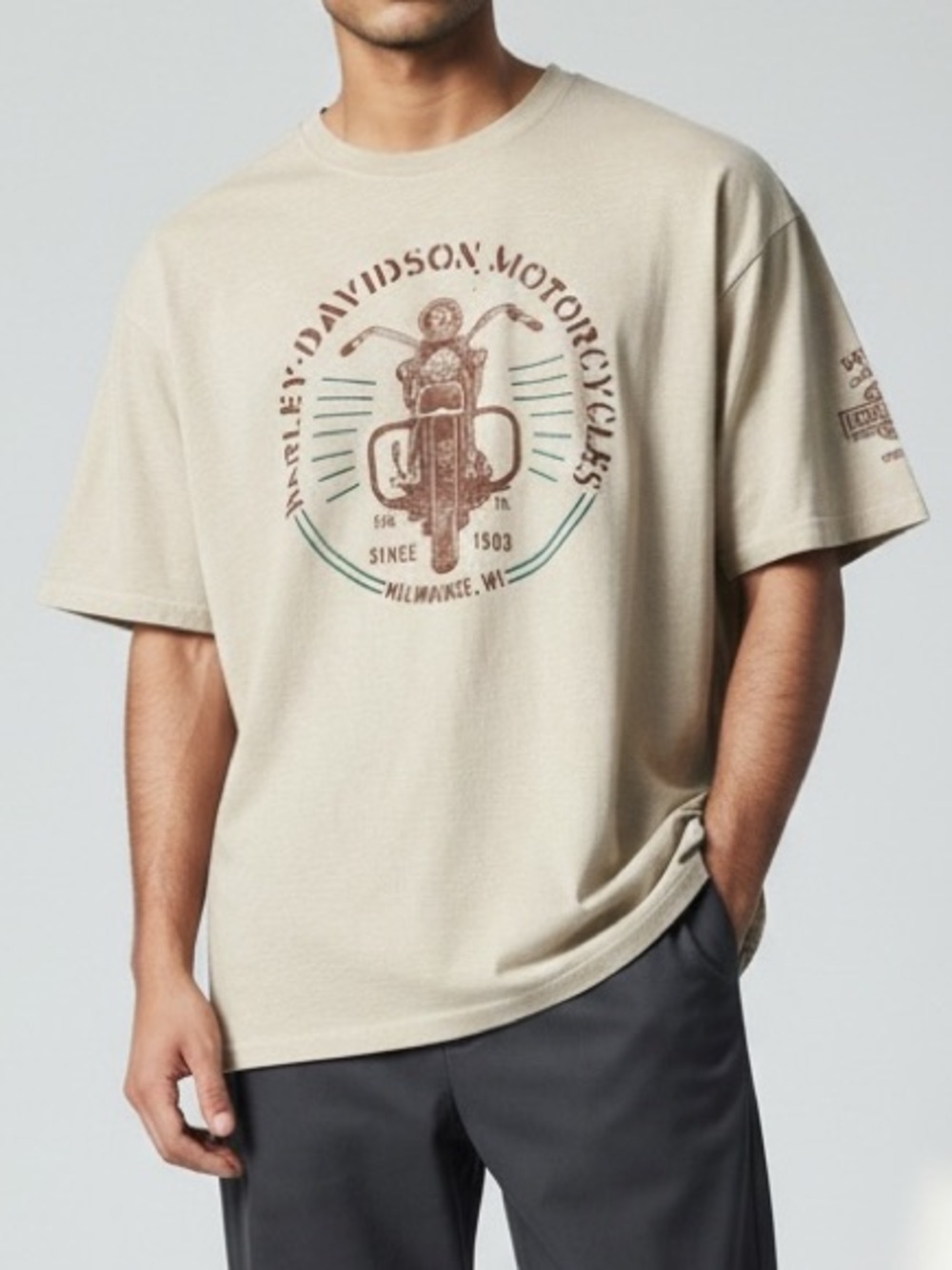 Harley Davidson Men’s Short Sleeve Crew Neck T Shirt Size L Cream Streetwear